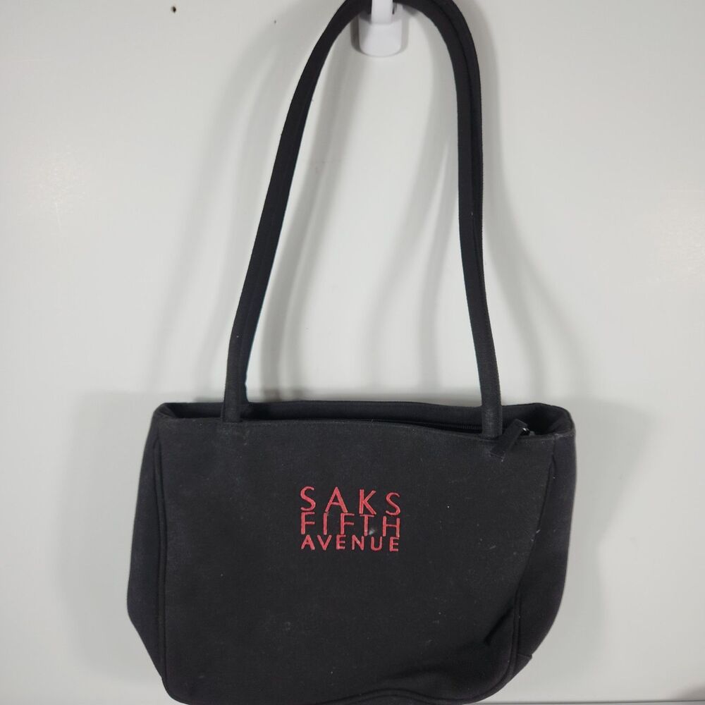 Saks Fifth Avenue Gift Bag |Shopping Tote Small Black w Red Embroidered